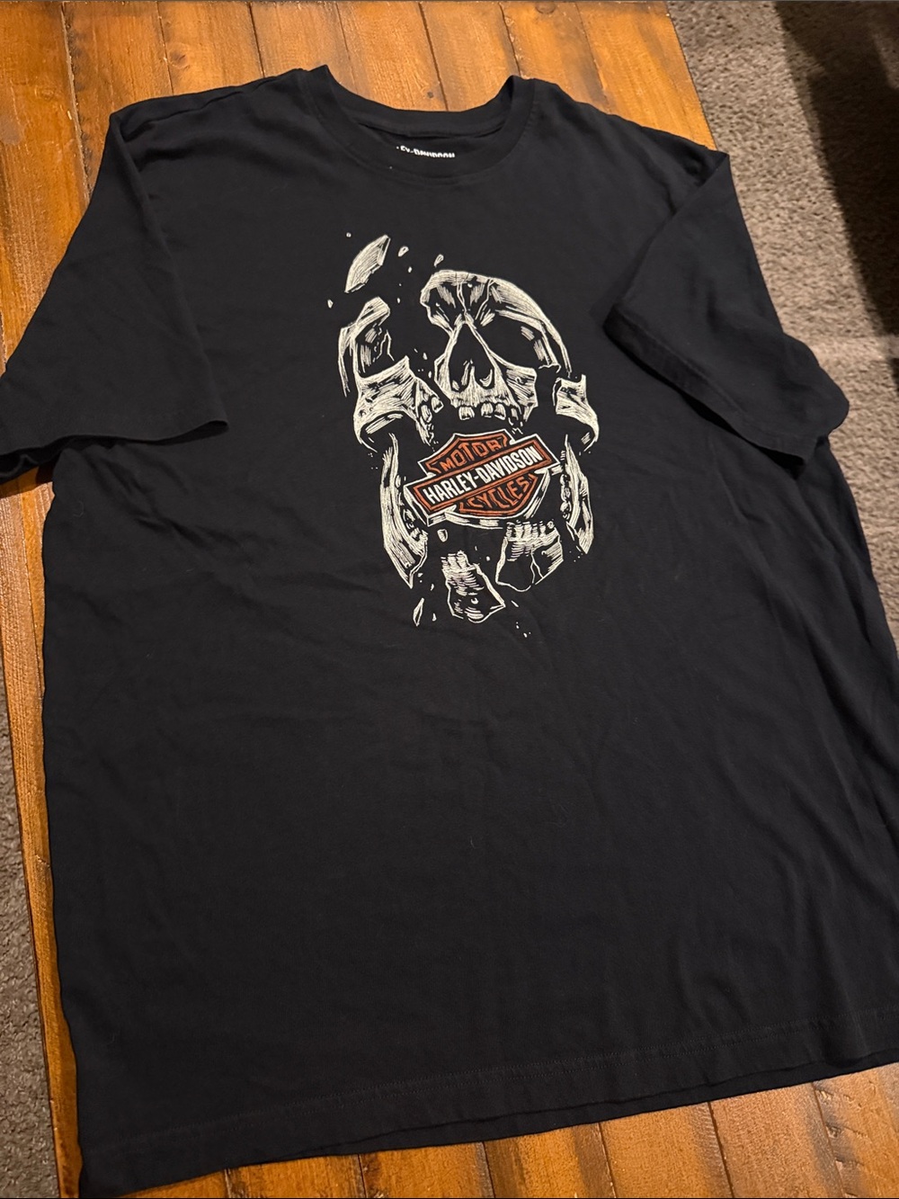 Harley-Davidson Black Tee with White Skull and Orange Logo